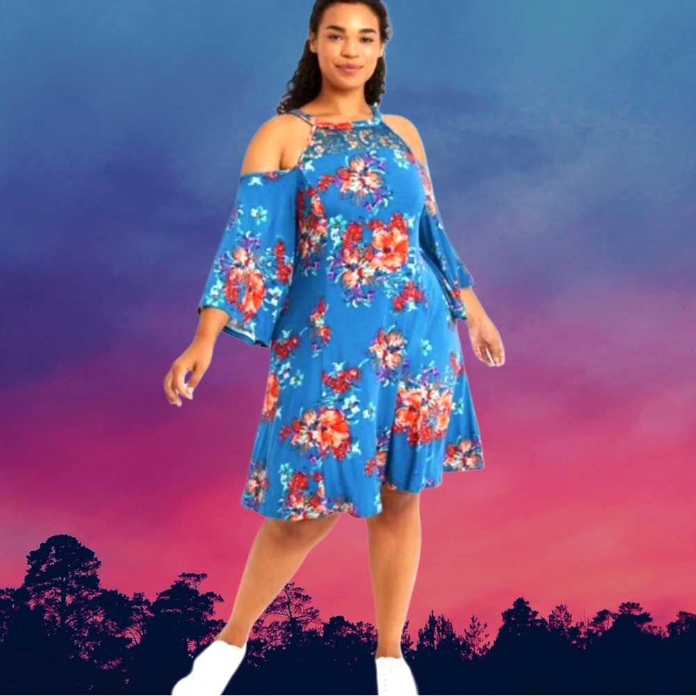 Torrid Women’s plus-size Blue Floral Lace Stretchy Mini Cold-Shoulder Dress❤️3X
